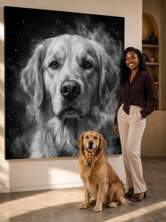 Black and white memorial family portrait with parents grandparents pets and loved ones
