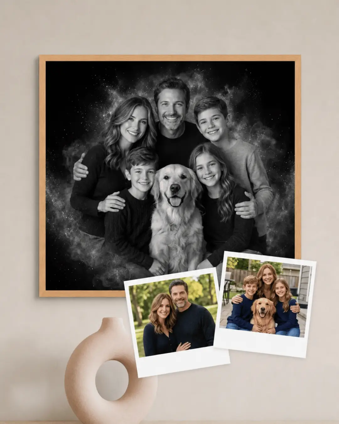 Separate family photos combined into one luxury black and white portrait