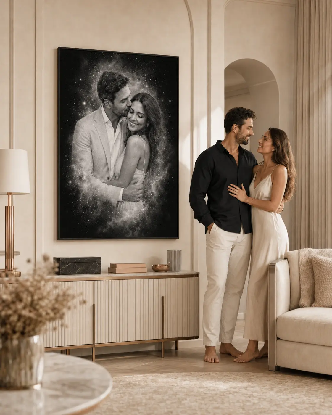 Luxury checkout preview for a black and white custom family portrait