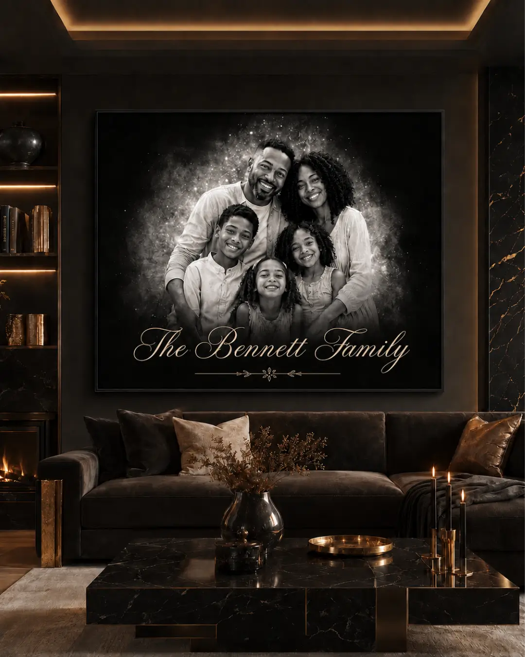 Luxury black and white custom family portrait displayed in an elegant living room