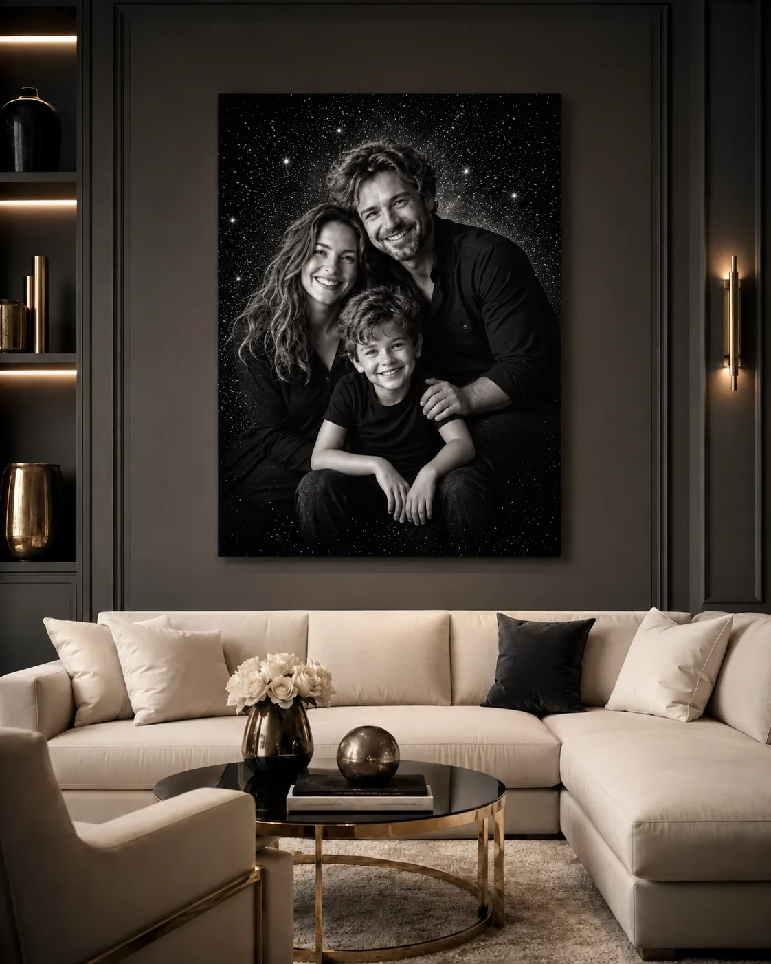 New three-person family portrait displayed above a cream sofa