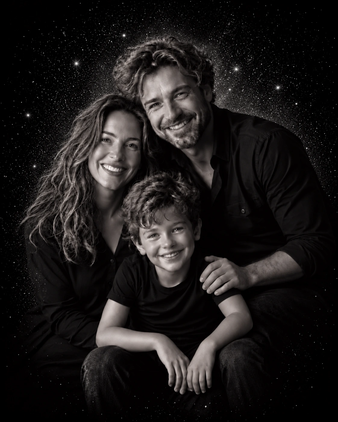 Finished black-and-white portrait of a mother, father and son